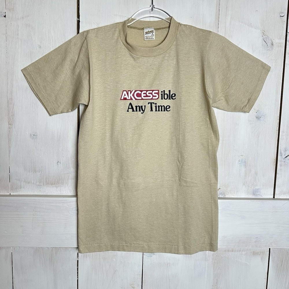 Vintage 70s 80s Akcess Ible Any‎ Time Bank Single Stitch Tee USA Sz Small Brown